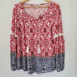 "VINTAGE AMERICA BLUES" L Bohemian Floral Print Pullover Top Crochet Accent